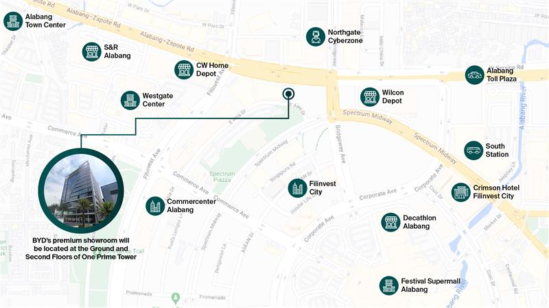 location map of BYD Cars showroom at One Prime Tower in Alabang, Muntinlupa City.