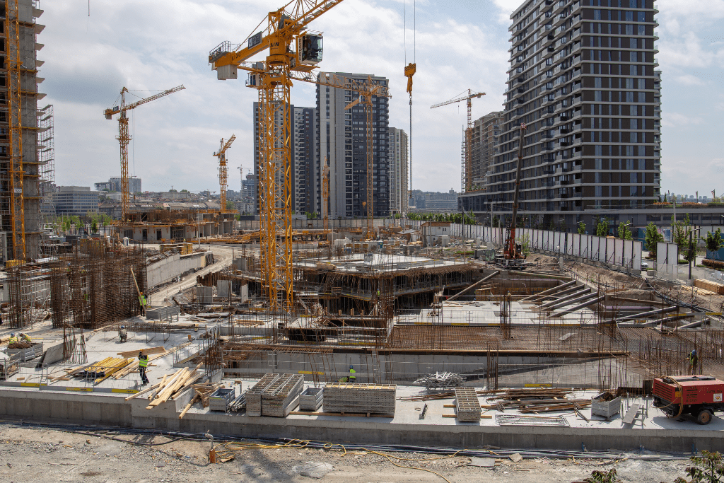 Construction activity in a well-developed area, showcasing new infrastructure and property development.